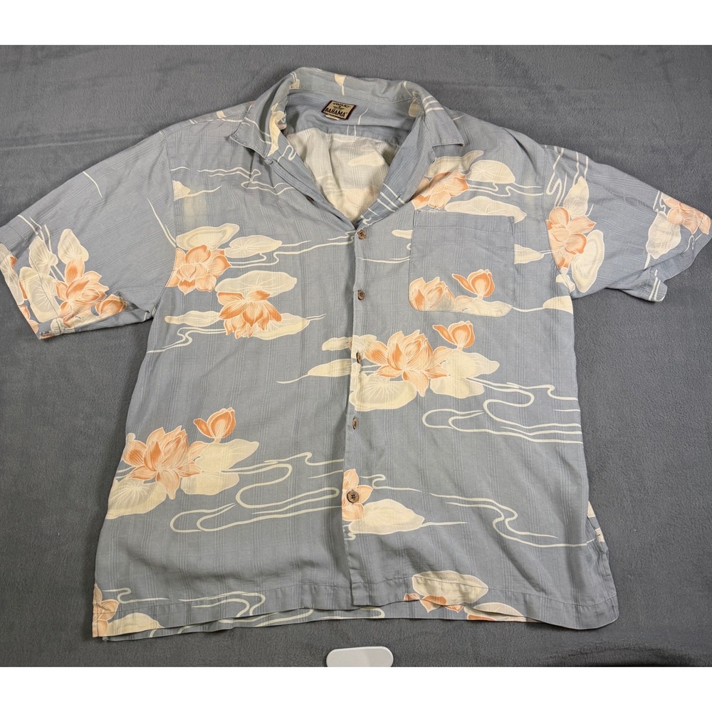 Tommy Bahama Mens Large Silk Camp Shirt Blue Floral Water Lily Lotus S/S Button